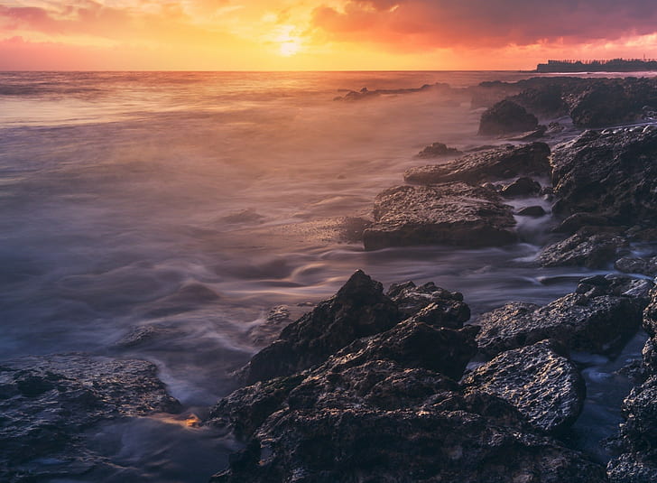 sunset, sea, rock, water, HD wallpaper