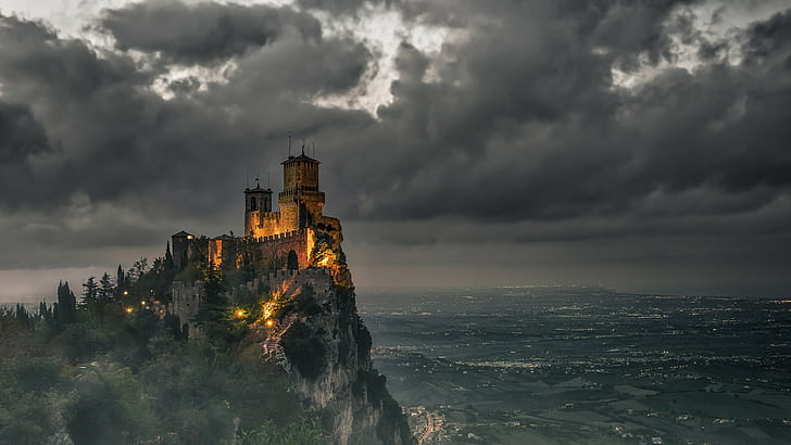 San Marino, clouds, dark, landscape, lights, field, nature, HD wallpaper