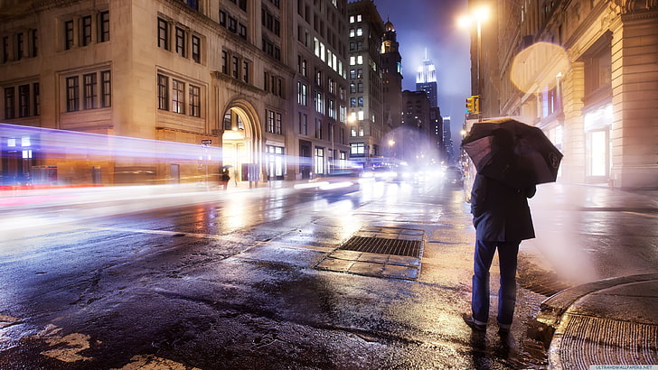 city, umbrella, looking into the distance, illuminated, street