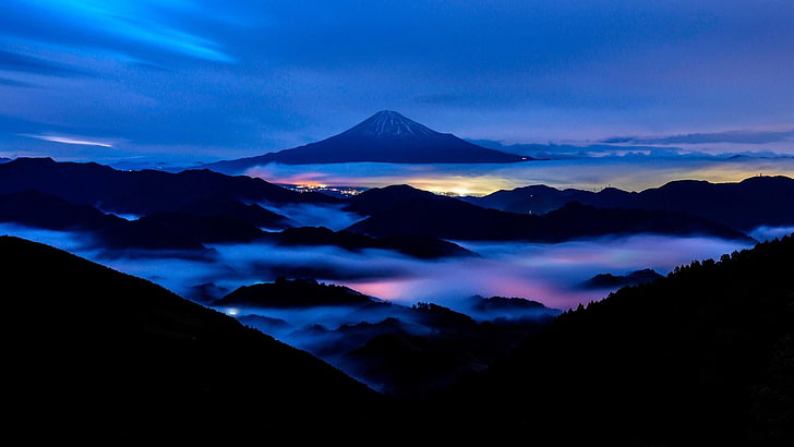 sky, nature, dawn, volcano, japan, mount fuji, horizon, morning