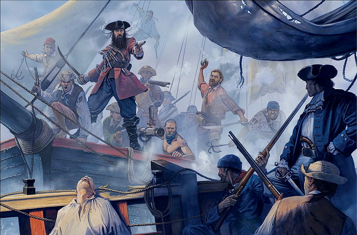 pirate painting, weapons, figure, battle, art, pirates, capture, HD wallpaper