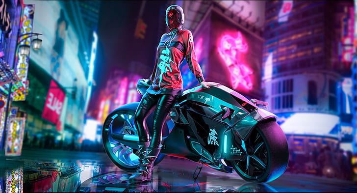 Girl, The city, Neon, Motorcycle, Art, Cyberpunk, HD wallpaper