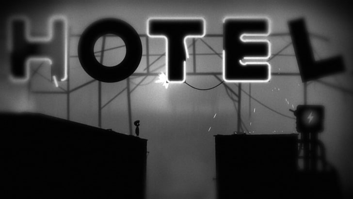 gray hotel LED signage, Limbo, signs, monochrome, video games