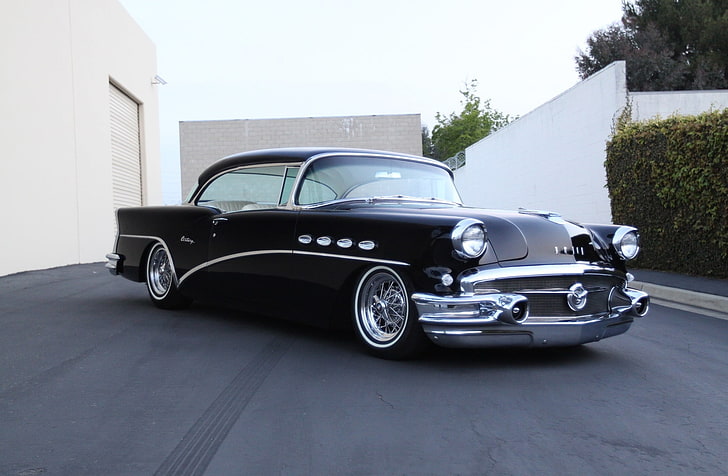 classic black coupe, 1956 buick century, vintage, cars, side view, HD wallpaper