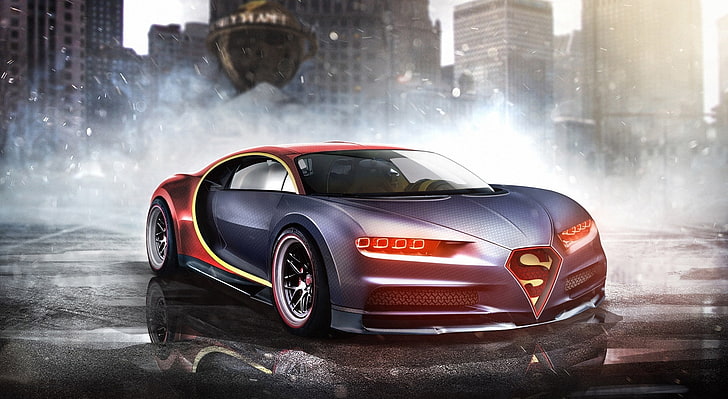 Superman Bugatti Chiron, blue and red Superman car, Cars, motor vehicle