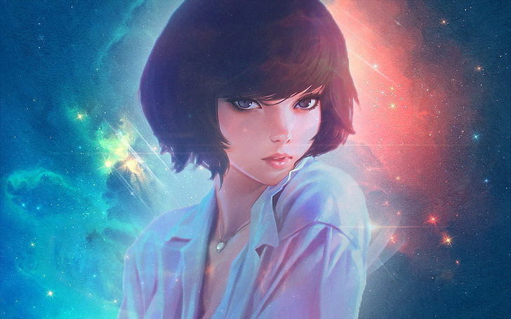 artwork of woman, anime, short hair, galaxy, edited, Ilya Kuvshinov
