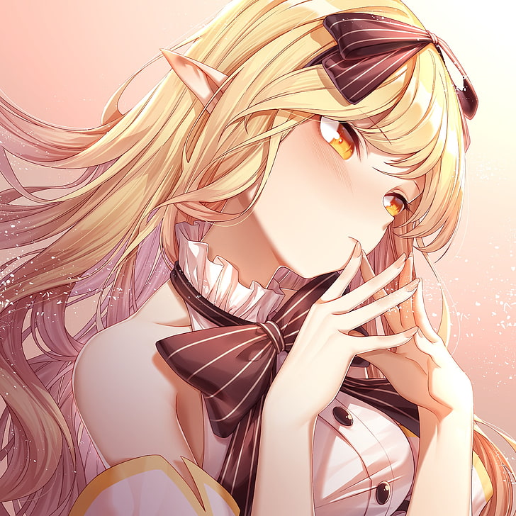pointed ears, blonde, ribbon, yellow eyes, women, one person