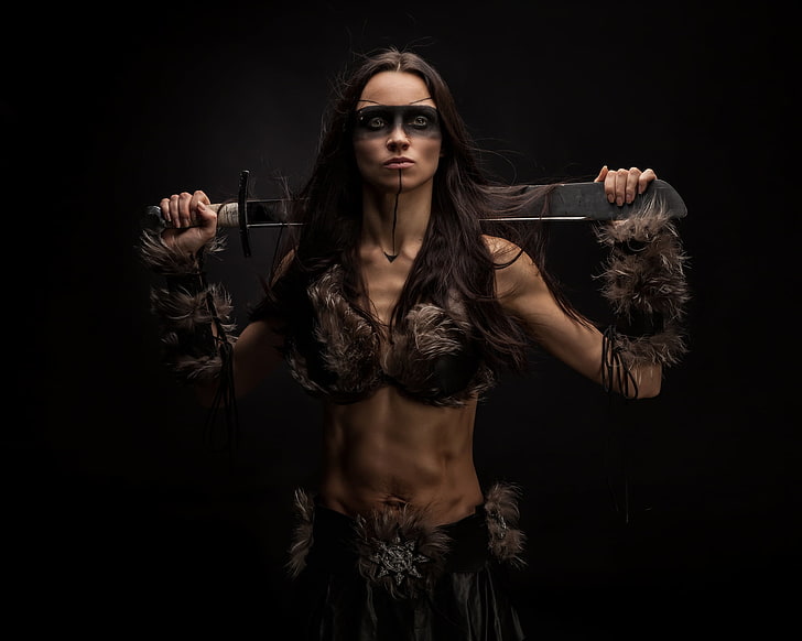 women, warrior, fantasy girl, model, studio shot, black background, HD wallpaper