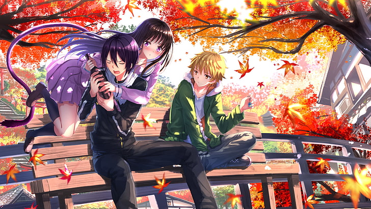 anime, Anime Boys, Anime Girls, Black Hair, Blonde, Fall, Iki Hiyori, HD wallpaper