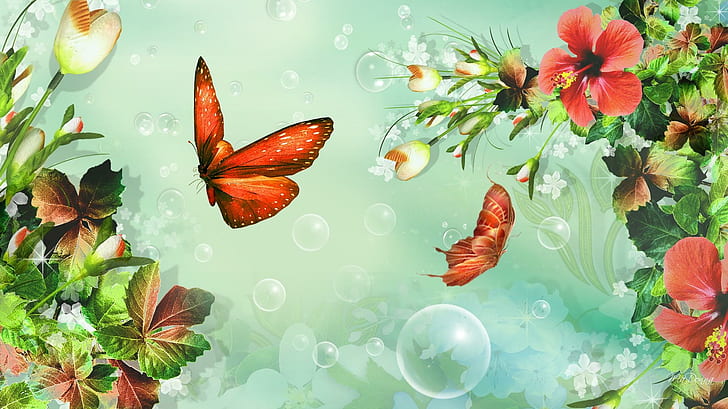 Floral Distinction, spring, orange, bubbles, leaves, summer, butterflies, HD wallpaper