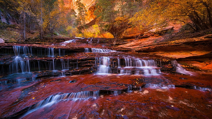 waterfall, nature, stream, watercourse, state park, autumn
