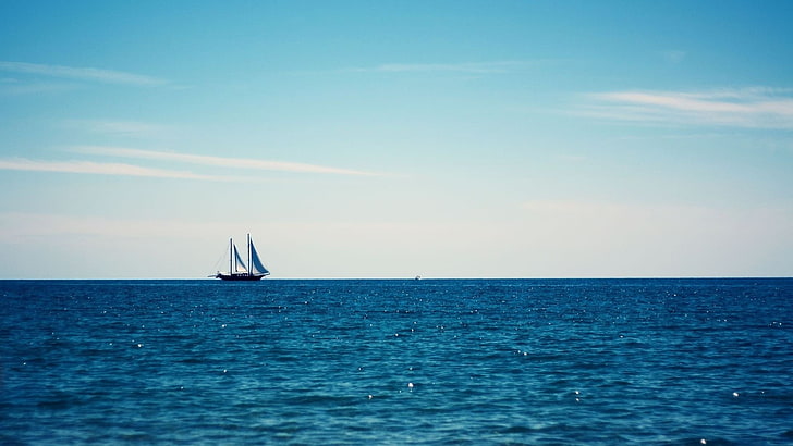 minimalism, clouds, sailing ship, water, sea, horizon, horizon over water