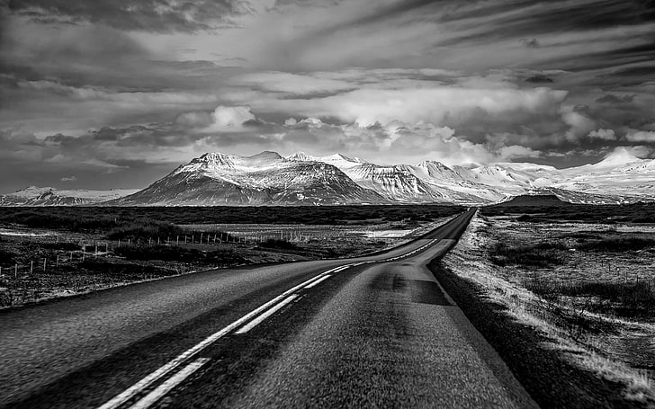 The Road Ahead, blackandwhite, grey, iceland, landscape, mountains, HD wallpaper