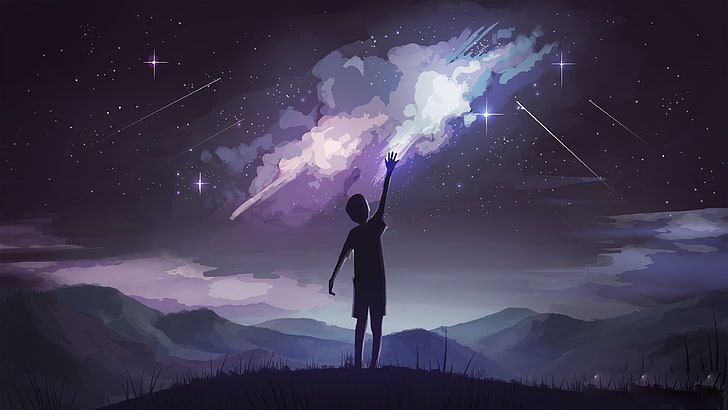 silhouette of boy, illustration, night, mountains, stars, artwork