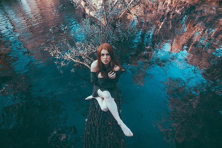 women, redhead, pale, legs, barefoot, bare shoulders, hands on chest