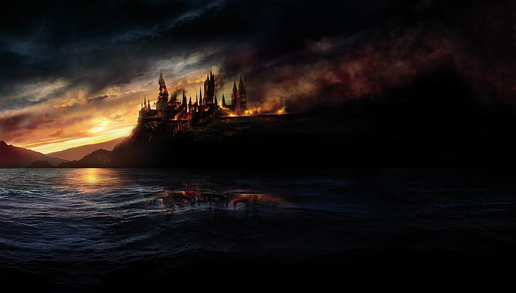 Hogwarts, Burning, Harry Potter and the Deathly Hallows, 4K, HD wallpaper
