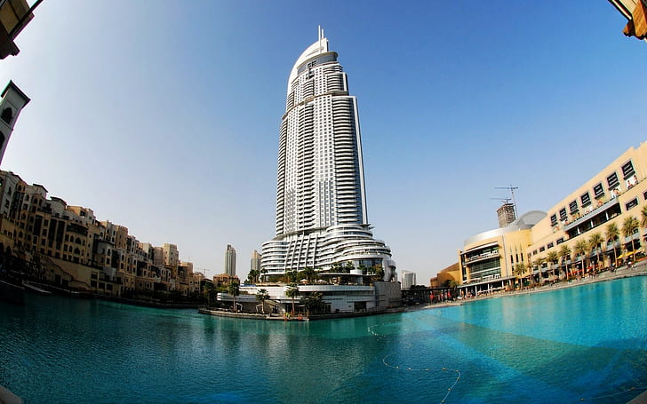 Dubai skyscraper, multi story building black white, water, HD wallpaper