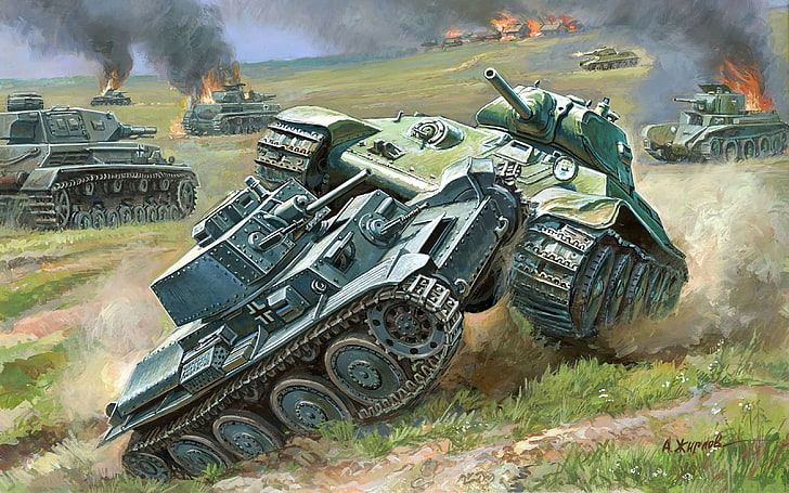 green tanks illustration, easy, art, artist, the battle, WWII, HD wallpaper