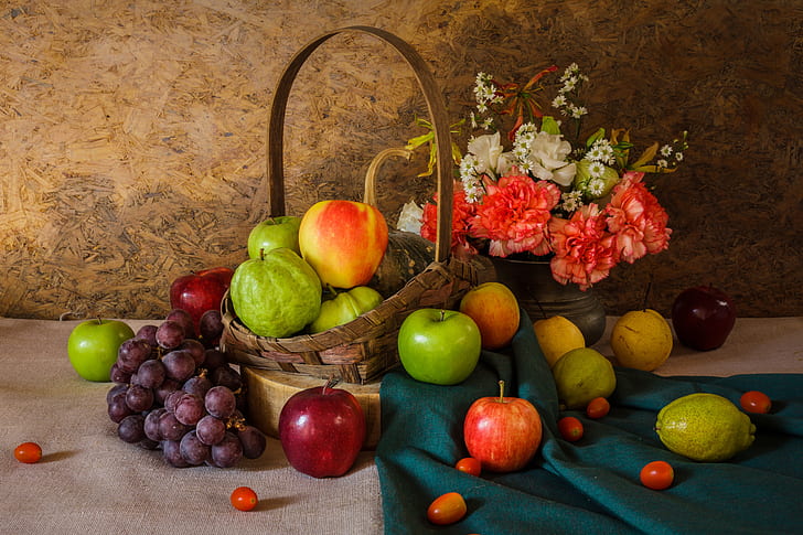 flowers, apples, bouquet, grapes, pumpkin, fruit, still life, HD wallpaper