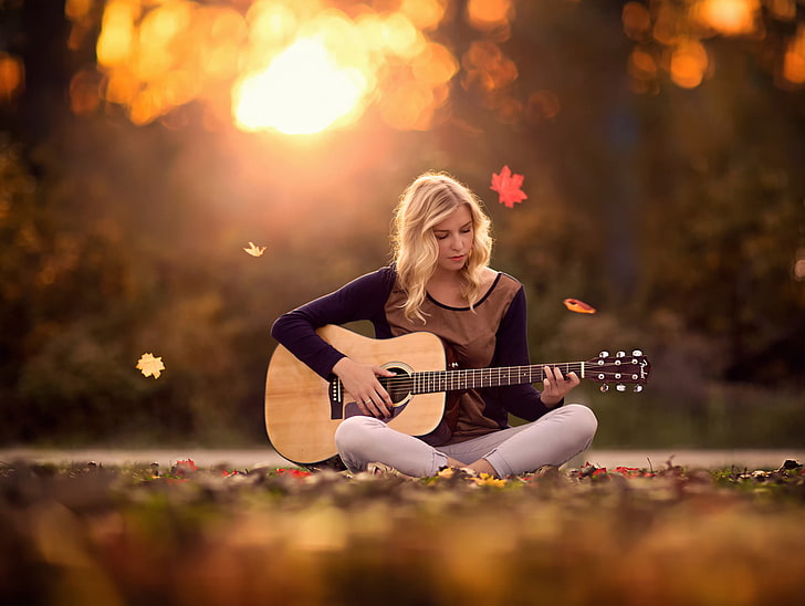 brown acoustic guitar, autumn, girl, Autumn Melody, women, music, HD wallpaper