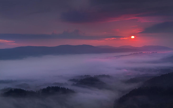 mountains and fog, nature, landscape, purple, sky, mist, sunset, HD wallpaper