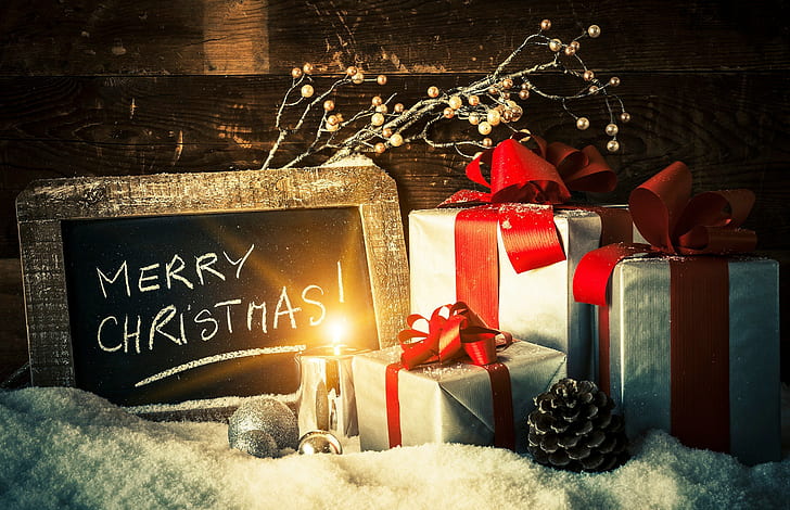 Christmas holiday, snow, branch, balls, candle, bump, box, toys, HD wallpaper