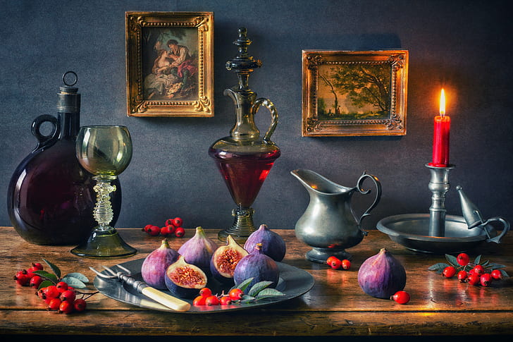 style, berries, wine, glass, bottle, candle, briar, pictures, HD wallpaper