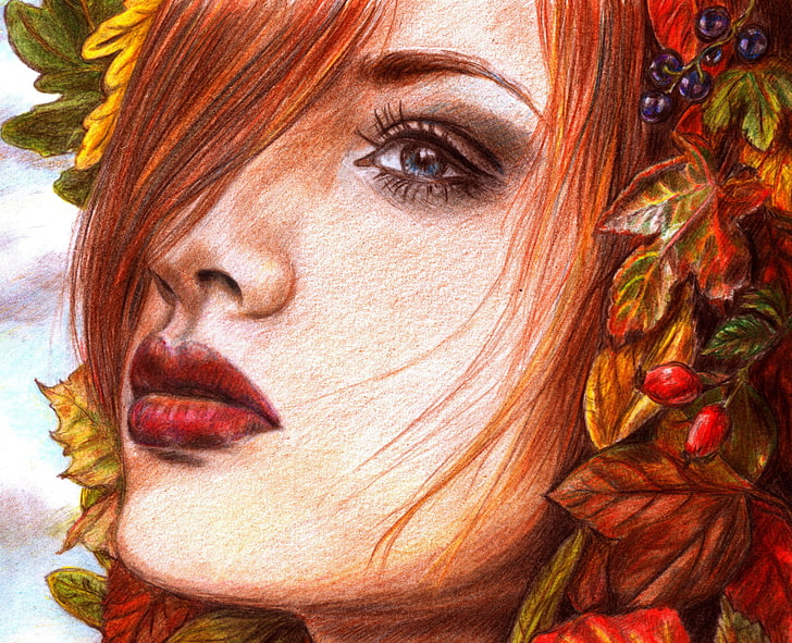 woman face sketch with leafed, look, leaves, girl, berries, hair, HD wallpaper
