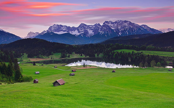 Germany Bavaria landscape, mountains alps, forest, grass, houses, lake