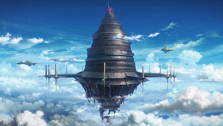 gray space ship, clouds, fantasy art, Sword Art Online, sky, cloud - sky, HD wallpaper
