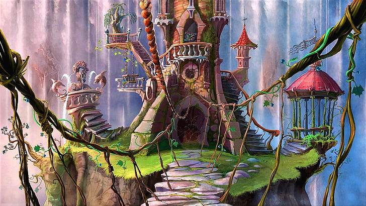 castle, fairytale, fairytale mansion, tree, fantasy art, enchanted, HD wallpaper