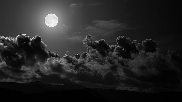 photography of full moon, monochrome, night, sky, cloud - sky