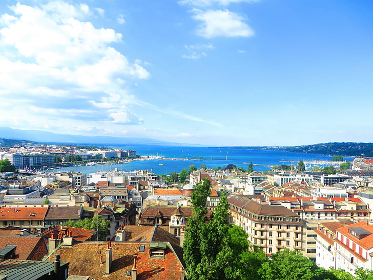 Switzerland, Geneva, city, cityscape, rooftops, lake