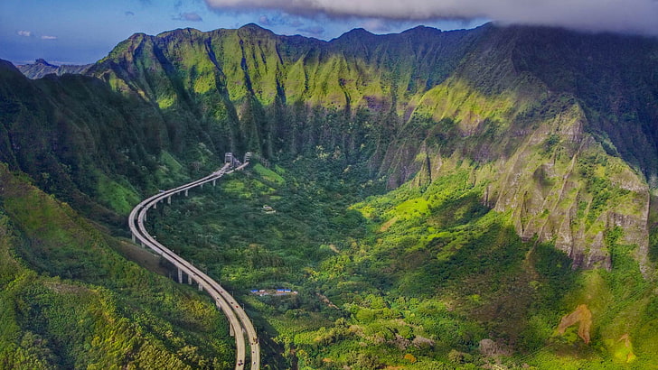 gray highway and rock formation, road, mountains, Hawaii, the island of Oahu