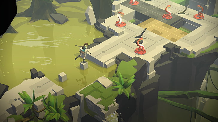 girl about to jump on concrete paver game screenshot, Lara Croft GO