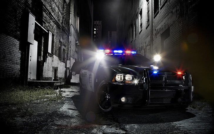 black Dodge police car, police cars, Dodge Charger, mode of transportation