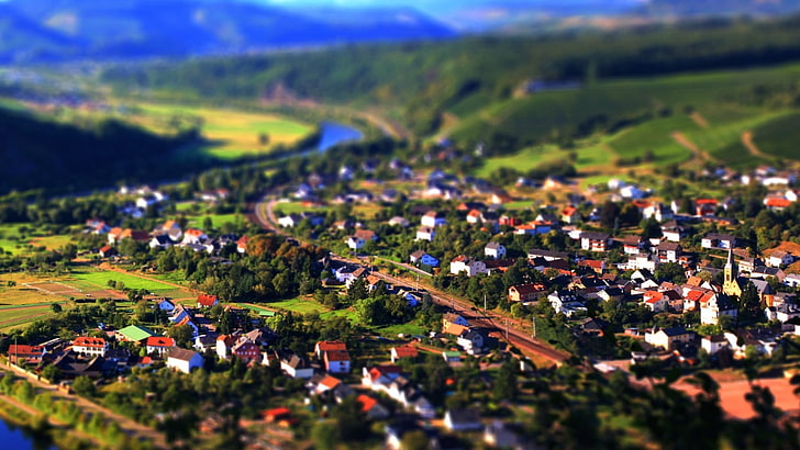 leafed trees, aerial view of village, landscape, tilt shift, town
