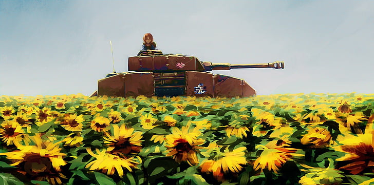 Anime, Girls und Panzer, Field, Miho Nishizumi, Sunflower, Tank, HD wallpaper