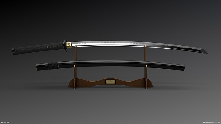 grey katana sword with sheath and stand, studio shot, single object