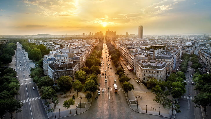Paris, France, city panorama, evening, sunset, houses, roads, cars