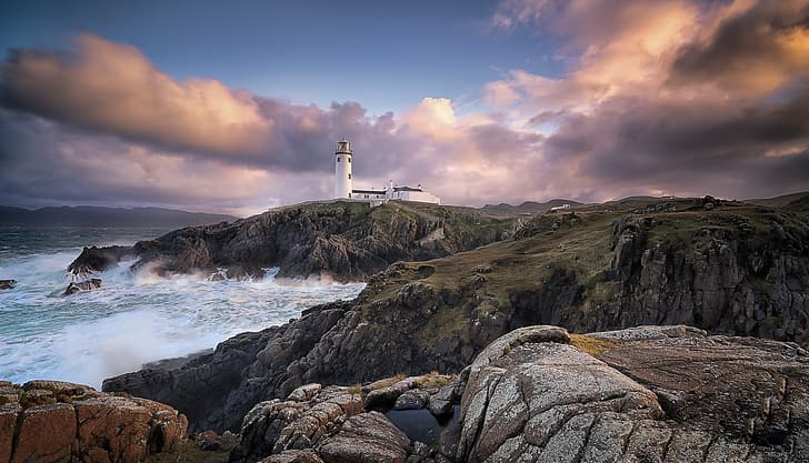 sea, rocks, coast, lighthouse, Ireland, Donegal, Balloor, Fanad Lighthouse, HD wallpaper