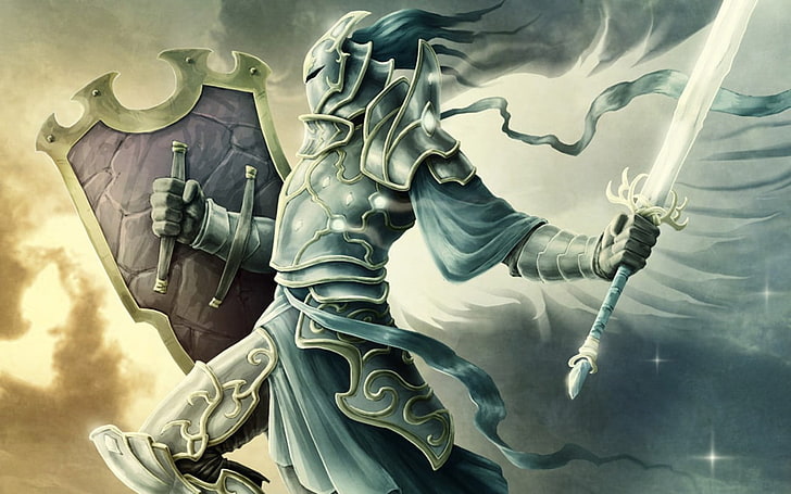 warrior illustration, shield, sword, wings, angel, Jason Engle, HD wallpaper