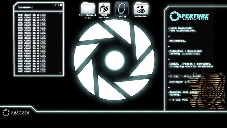 Aperture screenshot, Portal (game), illuminated, text, communication