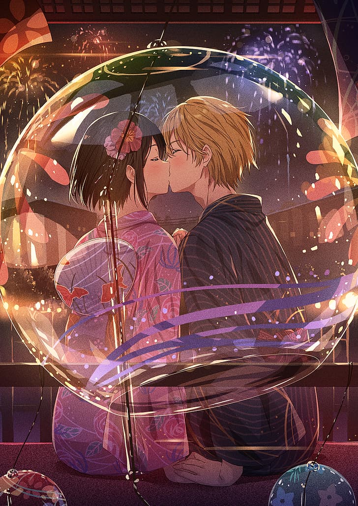 Narumi Nanami, fireworks, anime girls, anime boys, kissing