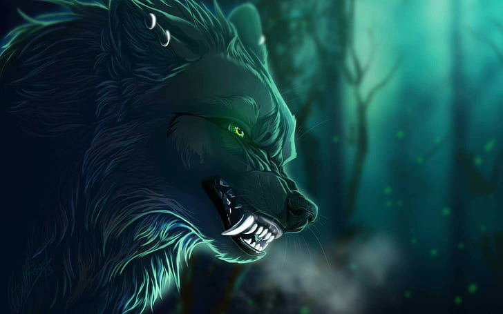 artwork, green eyes, teeth, creature, fantasy art, wolf