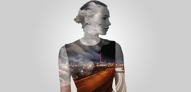 women's black and brown dress illustration, double exposure, model