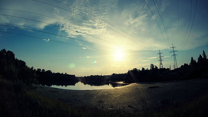 nature lake sky clouds water wire lens flare sunlight landscape power lines utility pole