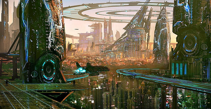Cyberpunk city, futuristic, spaceships, towers, artwork, Sci-fi, HD  wallpaper