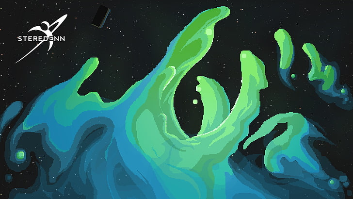 black and green abstract illustration, video games, pixels, pixel art