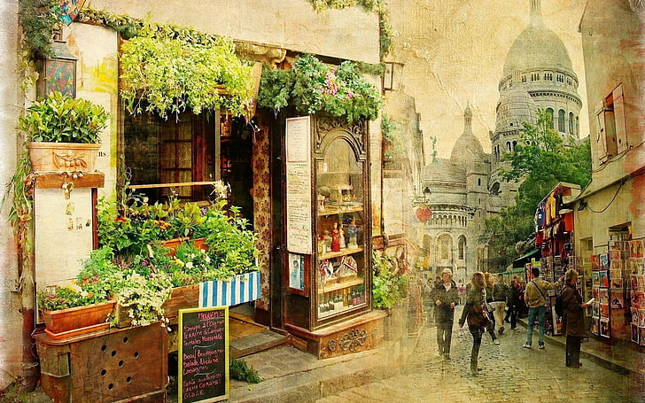 white store facade, vintage, Sacre-Coeur, Paris, France, Montmartre, HD wallpaper